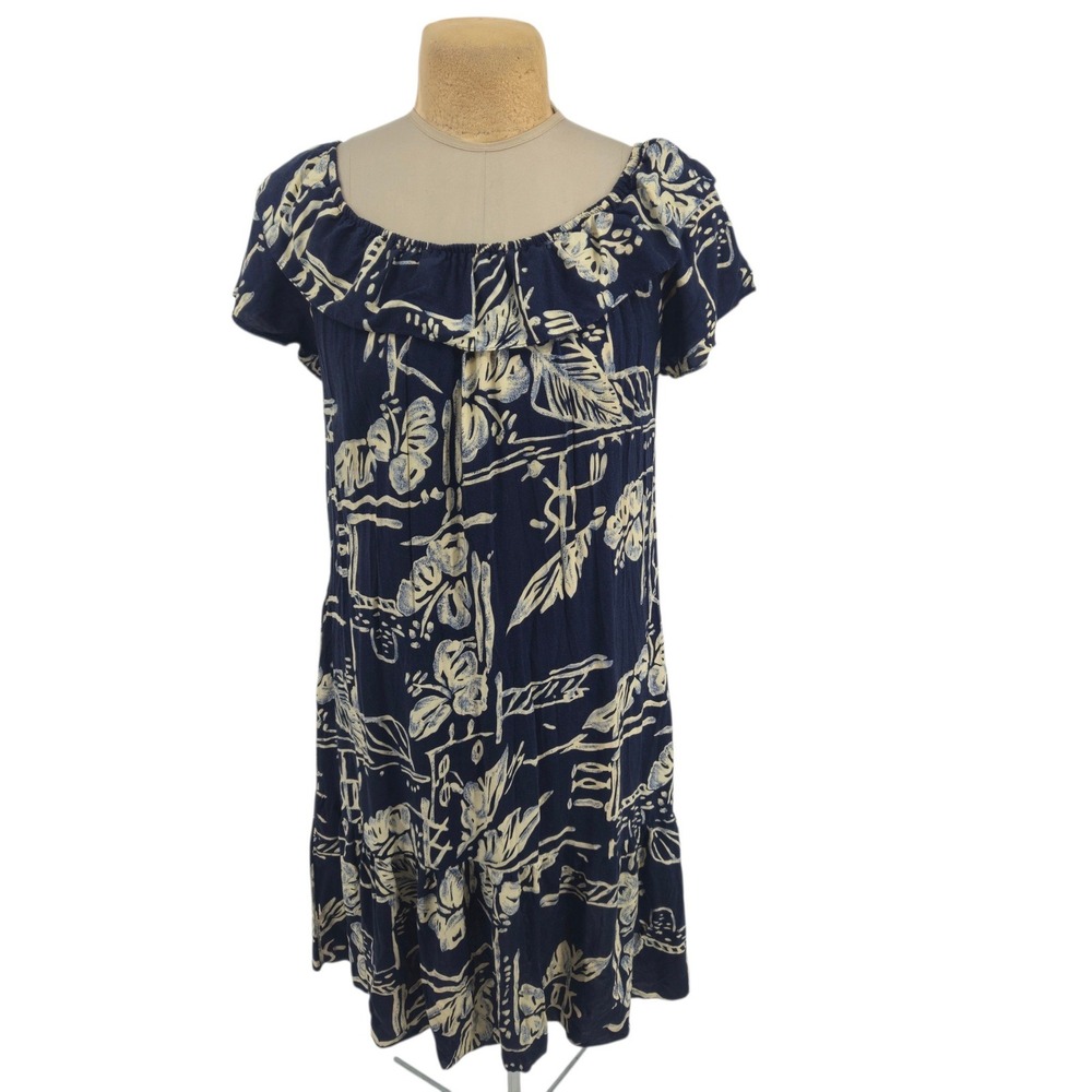 Hilo Hattie Dress Women S Navy Blue Tropical Ruffle Hawaiian Pocket Vintage 90s